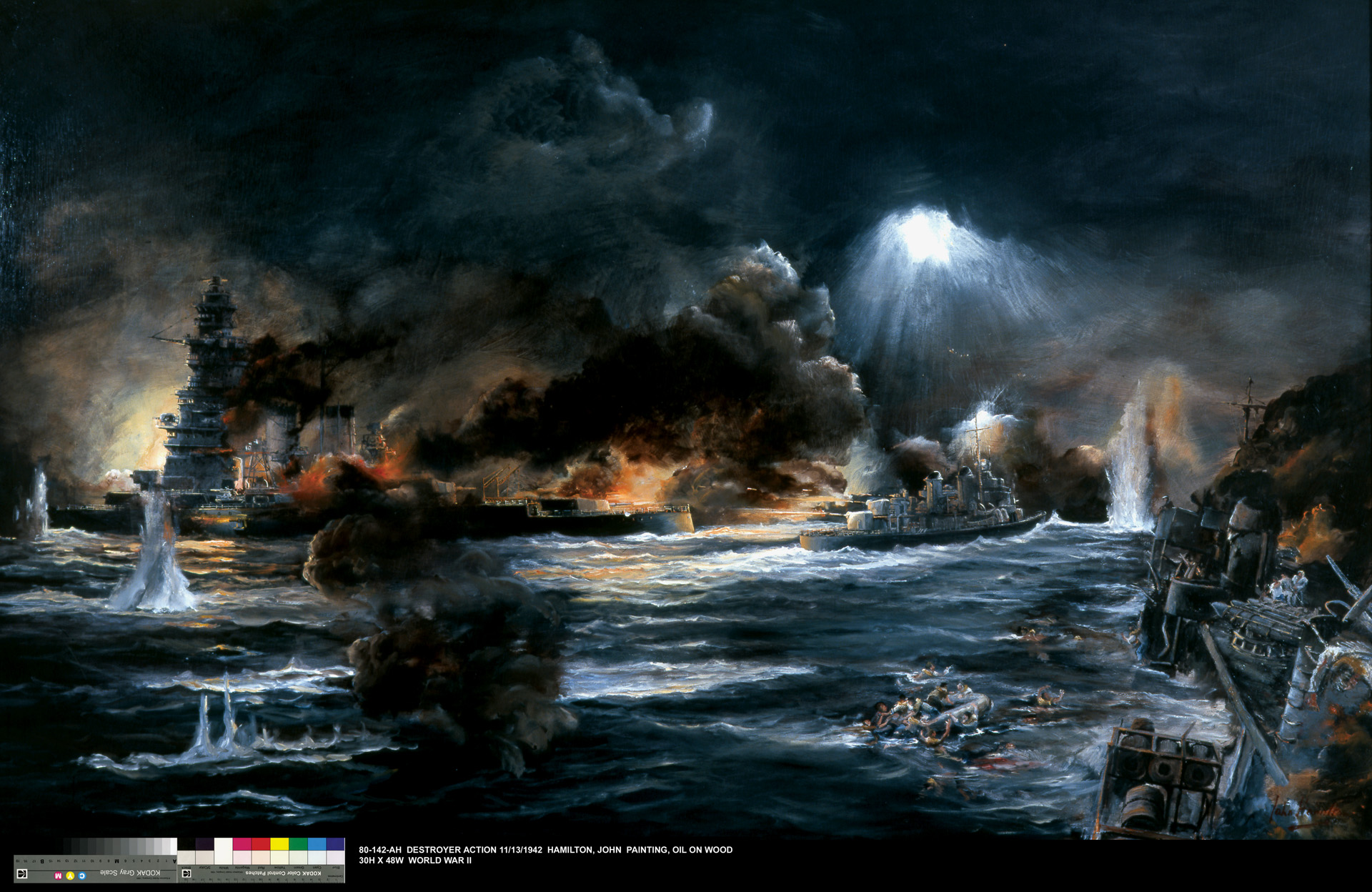 海军艺术家约翰·汉密尔顿描绘了1942年11月13日的夜间行动，当时8艘美国驱逐舰和5艘巡洋舰在瓜达尔卡纳尔岛和佛罗里达岛之间的“槽”与两艘日本战列舰和12艘驱逐舰展开了全面的战斗。此次行动仅持续了20分钟，但最终美国海军取得了胜利。在长达6个月的战役中，两名战斗人员损失了60多艘船只和1200多架飞机。