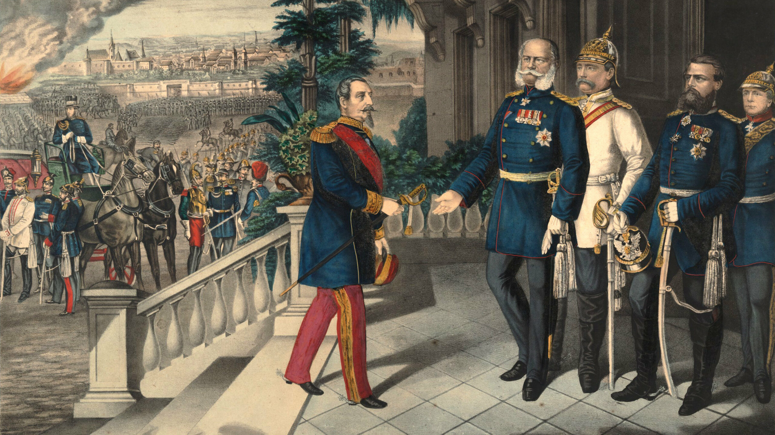 法国皇帝拿破仑三世(左)向普鲁士国王威廉我投降后轿车1870年9月。普鲁士总理奥托·冯·俾斯麦,白色,看起来。