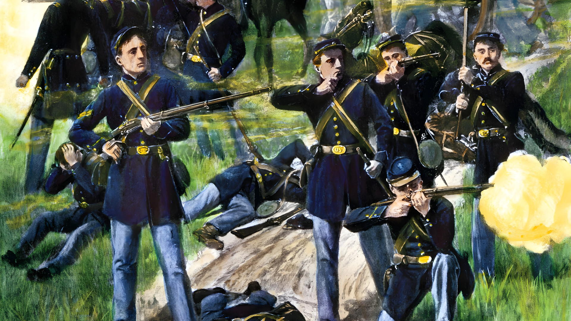 联邦军士兵守在盖恩斯磨坊水手长溪后面的树林里。当南方联盟军冲破北方联盟军的防线时，巴特菲尔德抓起宾夕法尼亚第83团的旗帜，在空中挥舞，以鼓舞他的部队。