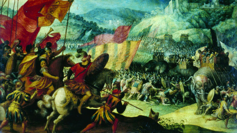 在这幅16世纪的画作中，汉尼拔带领他的迦太基军队骑着大象对抗罗马人。