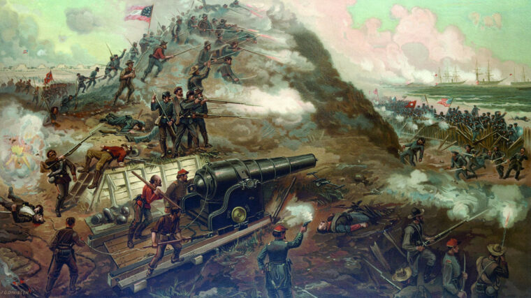 1864年12月，在联邦战舰的支持下，一支由士兵和水手组成的混合部队袭击了位于北卡罗来纳州威尔明顿的联邦堡垒费雪堡。