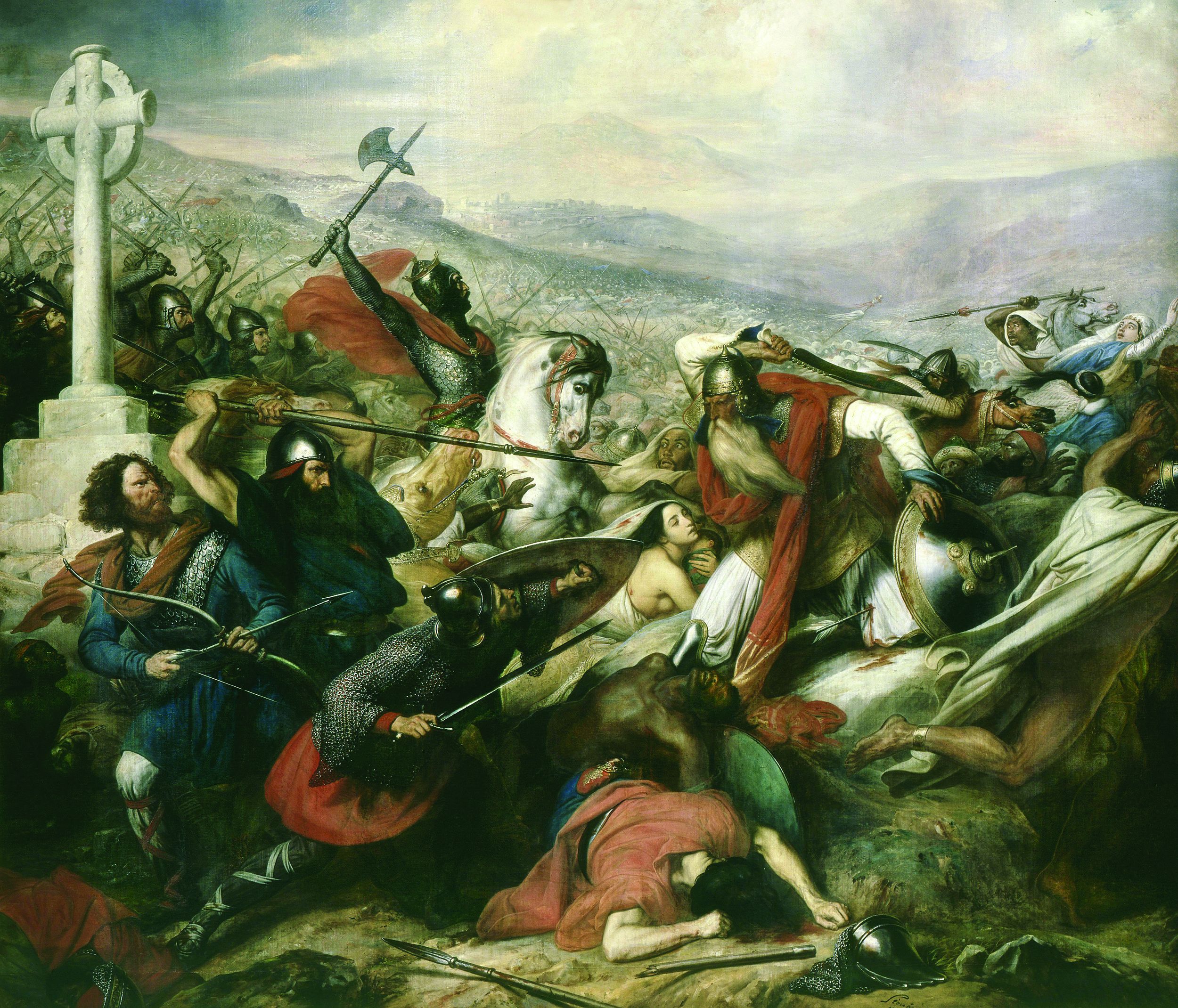 在查尔斯·斯图本19世纪的画作中，左边醒目地显示着一个基督教十字架，查尔斯·马特尔的法兰克军队在图尔击退了穆斯林入侵者。