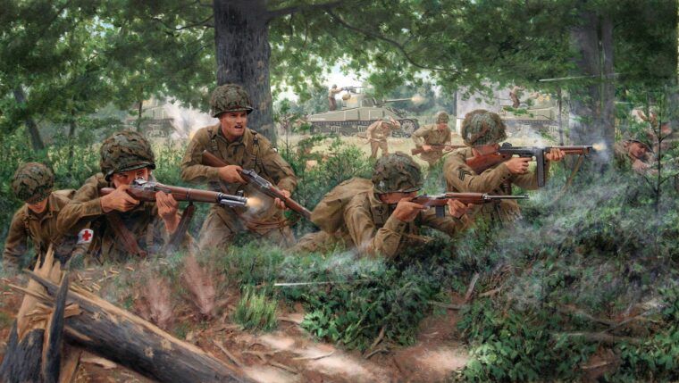 1944年6月，在谢尔曼坦克的掩护下，第101空降师士兵在诺曼底血腥峡谷周围的树林里与德军作战，罗纳德·斯皮尔中尉和他的士兵在那里作战。空降兵只有步枪、机枪和手榴弹来进行战斗，直到装甲部队到达。