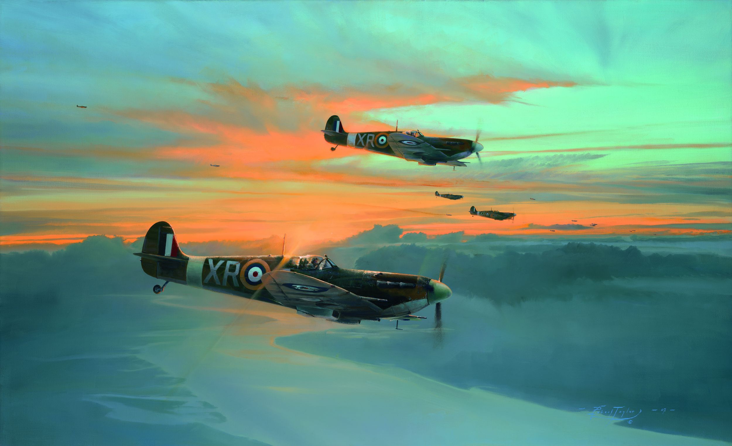 在罗伯特·泰勒的这幅画作中，英国皇家空军71中队的四架美国人驾驶的喷火战斗机在英吉利海峡上空战斗后返回北威尔德基地。