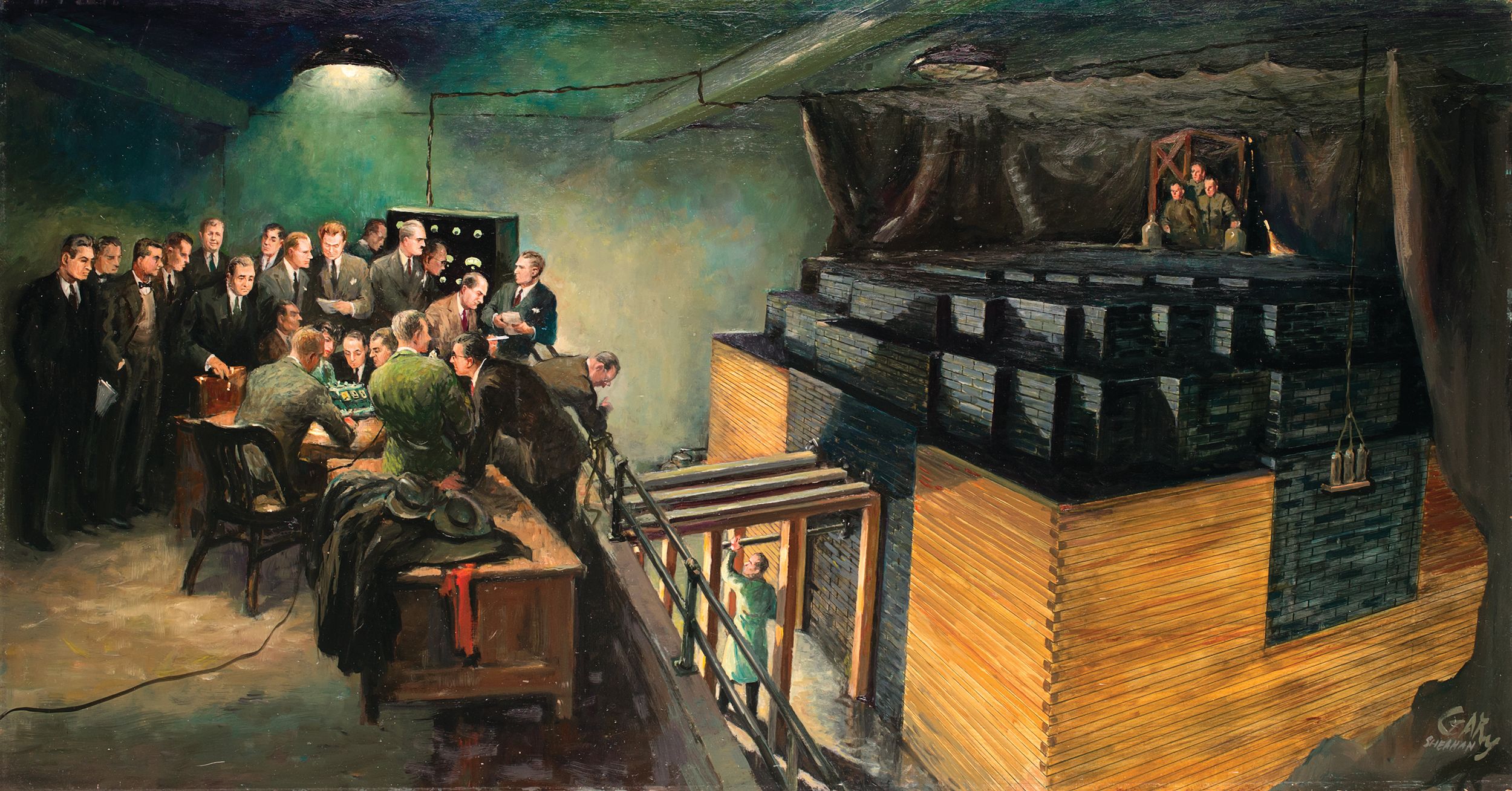 在艺术家Gary Sheahan的这幅名为“原子时代的诞生”的画作中，科学家恩里科·费米和他的同事们在芝加哥大学焦急地进行着历史上第一次持续的核连锁反应。