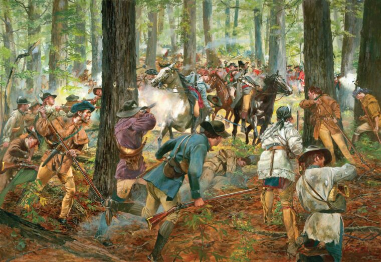 从卡罗来纳殖民地民兵,大多数手持步枪,政府军开火美军的指挥下英国主要的帕特里克·弗格森国王山的顶部,南卡罗来纳。1780年10月7小时的战斗,是爱国者的胜利和独立战争的转折点。这幅画由唐Troiami描绘当下主要的弗格森,离开中心,从他的马,他指控被枪杀。击中多次,弗格森从他的山,拖着一只脚在马镫。在他死后不久,支持者投降了。