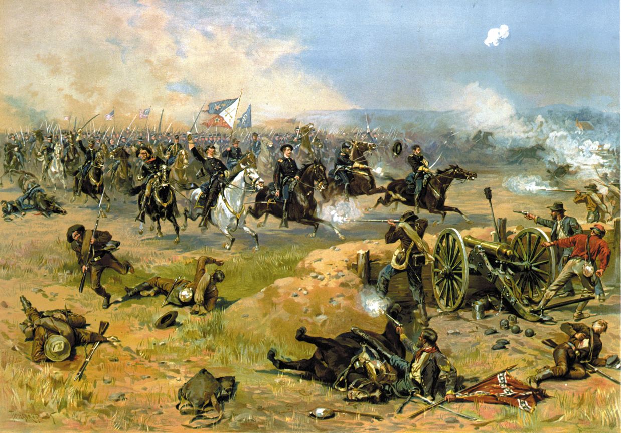 工会骑兵的最后1864年在温彻斯特。洛厄尔骑着白马,他的剑。卡斯特在左手和队长西奥多Rodenbough他是正确的。