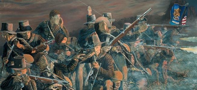 威斯康星州第二团的中西部人，戴着他们旅著名的黑帽子，在夜幕降临的战场上向布劳纳农场的石墙旅开火。迈克尔·索森(Michael Thorson)绘画。