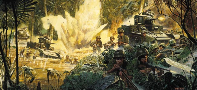 在新几内亚保卫澳大利亚期间的布纳战役中，双方在险恶的丛林和险恶的山区进行了顽强的抵抗。